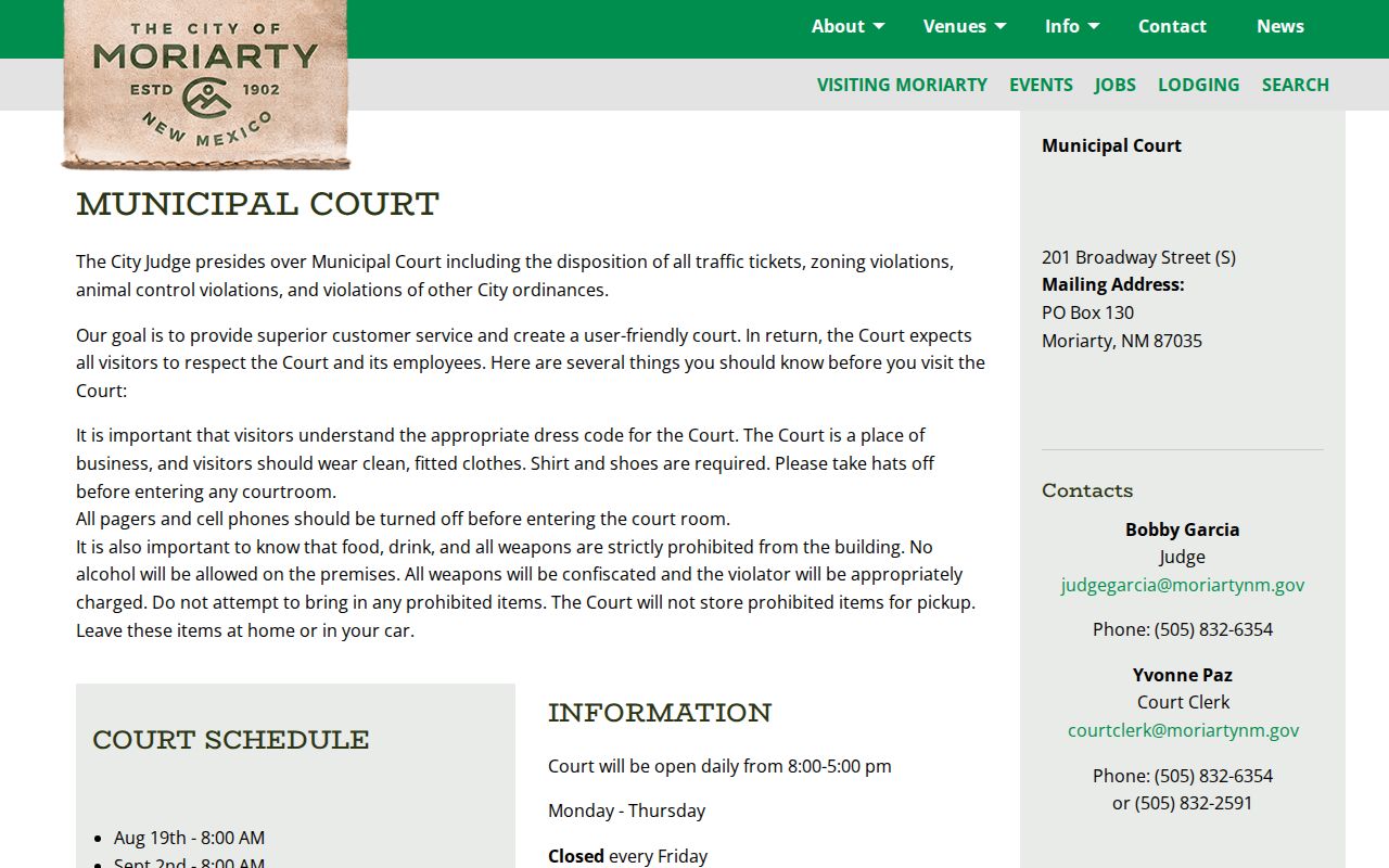 Moriarty court records source from the City Municipal Court page