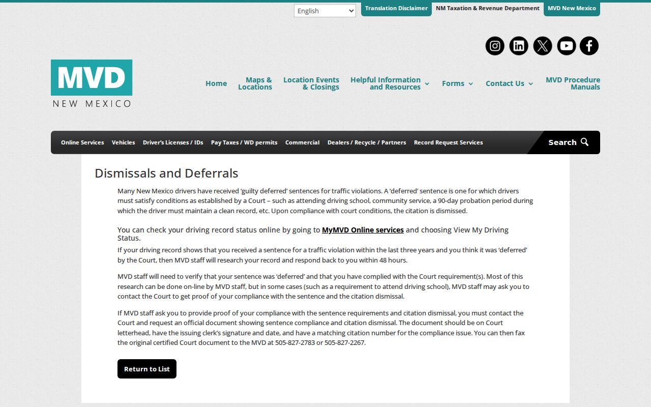 Mountainair court records context from New Mexico MVD dismissal and deferral information